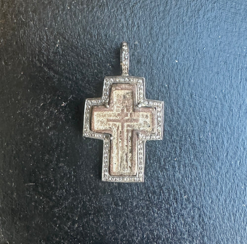 Vintage Silver and Diamond Russian Orthodox Ancient Prayer Cross Pendant