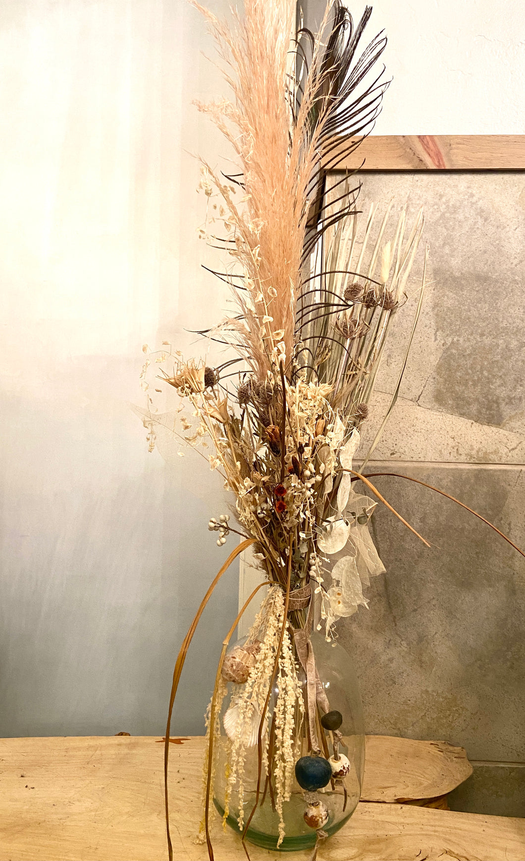 Dried Floral Arrangement with Glass Bottle