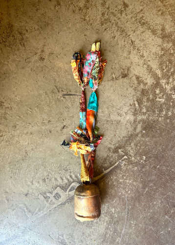 Medium Copper Bell with Yellow Turquoise Sari Fringe Ribbon