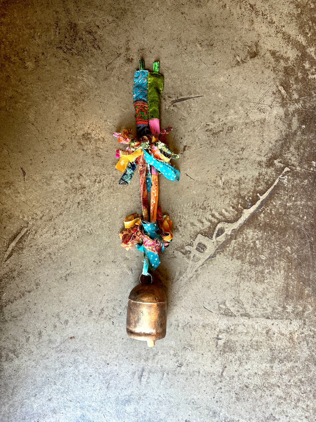 Medium Copper Bell with Turquoise Sari Fringe Ribbon