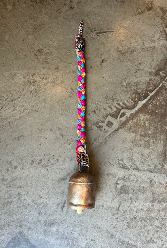 Medium Copper Bell with Pink Blue Braided Sari Ribbon