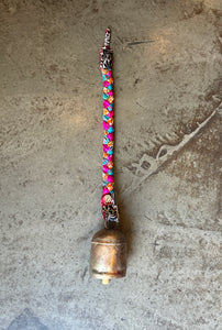 Medium Copper Bell with Pink Blue Braided Sari Ribbon