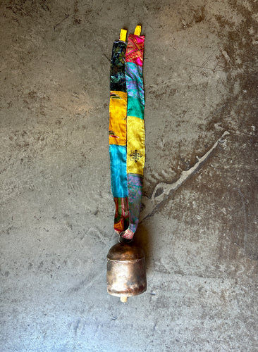 Medium Copper Bell with Yellow Green Sari Ribbon