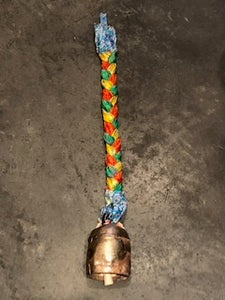 Medium Copper Bell with Green Orange Braided Sari Ribbon